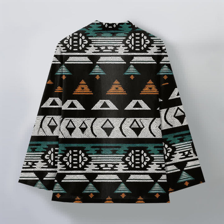 Buddha Stones Kimono pour homme en coton turquoise à motif géométrique aztèque, ouvert sur le devant - image 8