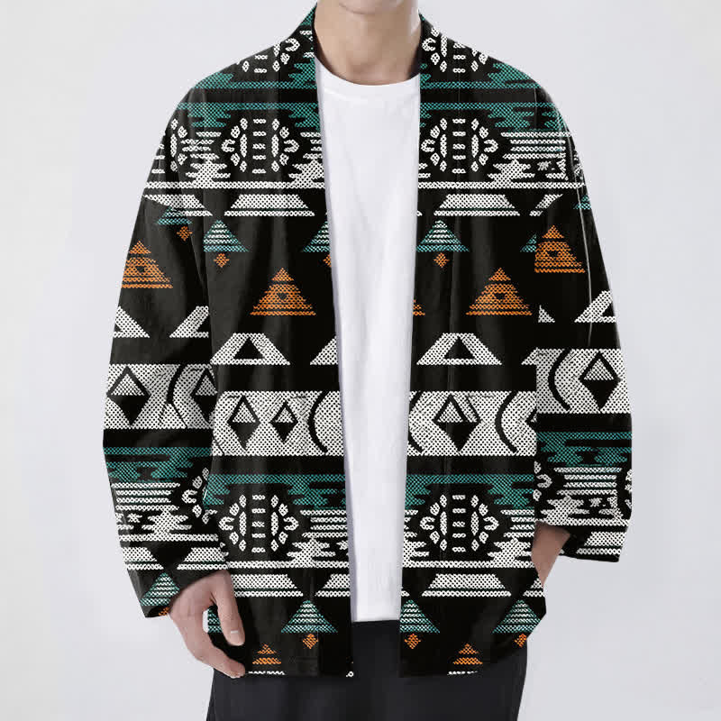 Buddha Stones Kimono pour homme en coton turquoise à motif géométrique aztèque, ouvert sur le devant - Noir - US/UK/AU48，EU58 (4XL) - image 6