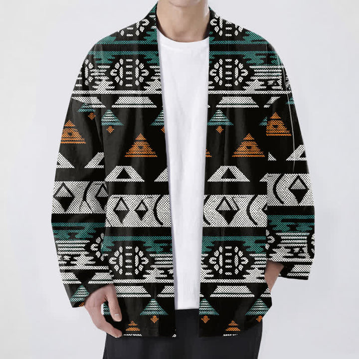 Buddha Stones Kimono pour homme en coton turquoise à motif géométrique aztèque, ouvert sur le devant - Noir - US/UK/AU48，EU58 (4XL) - image 6