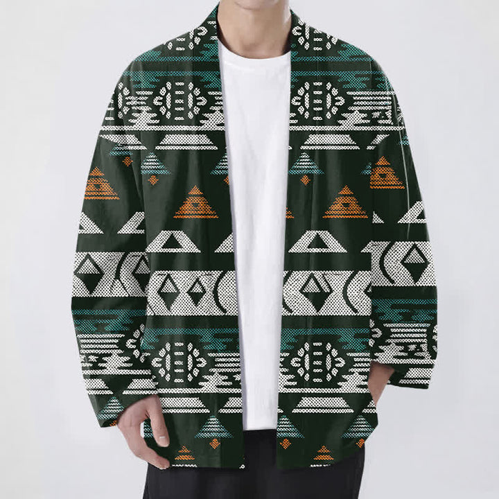 Buddha Stones Kimono pour homme en coton turquoise à motif géométrique aztèque, ouvert sur le devant - Vert foncé - US/UK/AU48，EU58 (4XL) - image 9