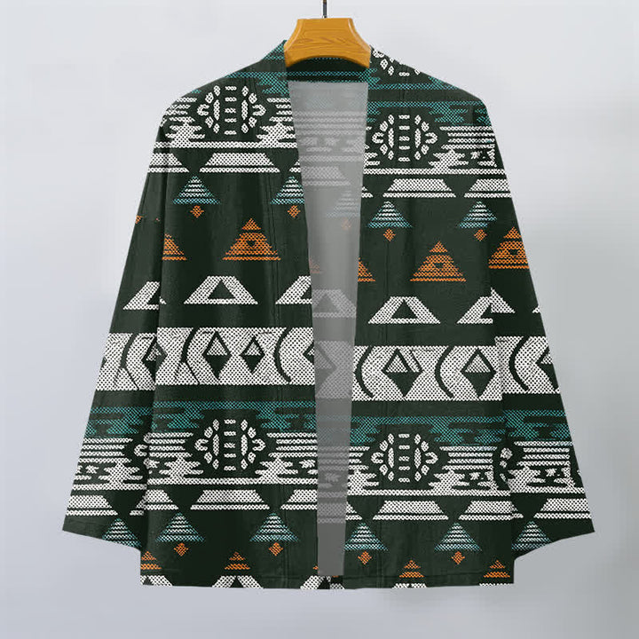 Buddha Stones Kimono pour homme en coton turquoise à motif géométrique aztèque, ouvert sur le devant - image 10