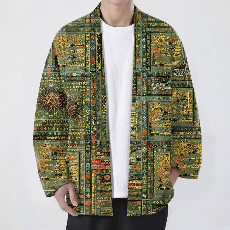 Buddha Stones Kimono homme vintage en coton, patchwork multicolore à motif floral, ouvert sur le devant - Olive - US/UK/AU48，EU58 (4XL) - image 0