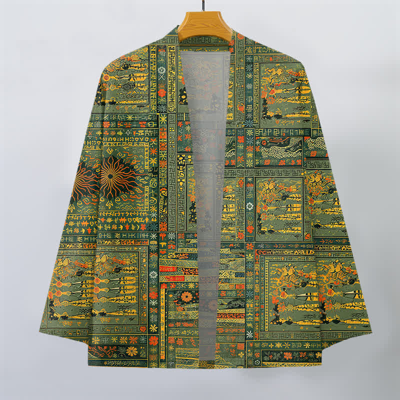 Buddha Stones Kimono homme vintage en coton, patchwork multicolore à motif floral, ouvert sur le devant - image 1