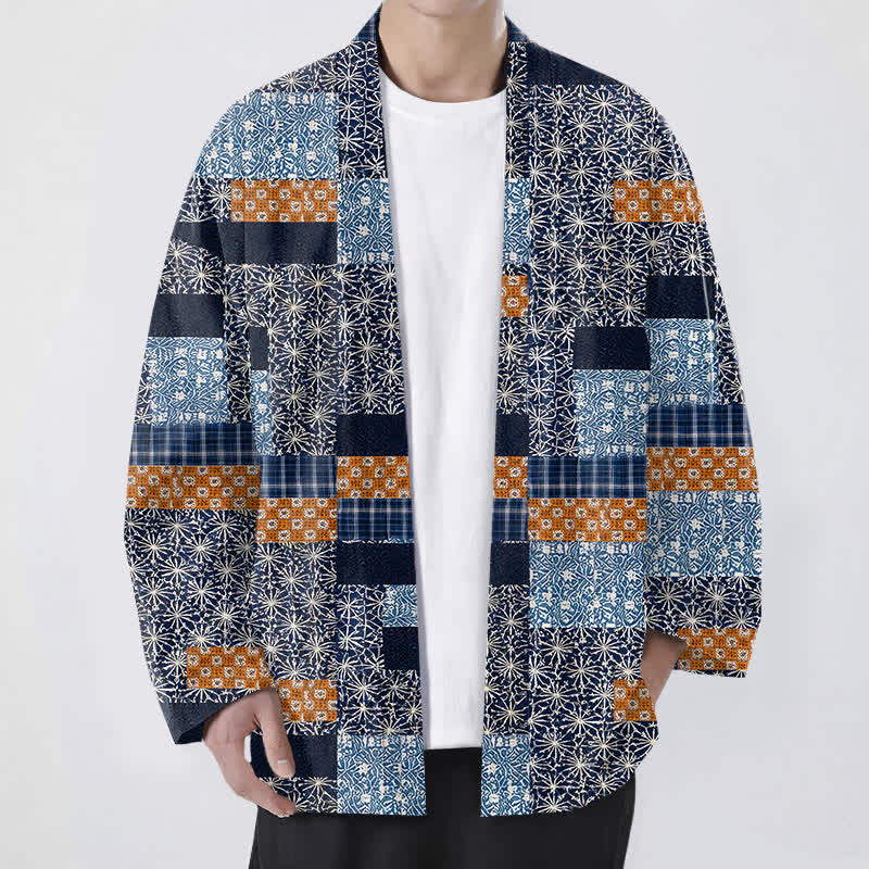 Buddha Stones Kimono pour homme en patchwork de coton à motif géométrique, ouvert sur le devant - Marine - US/UK/AU48，EU58 (4XL) - image 0