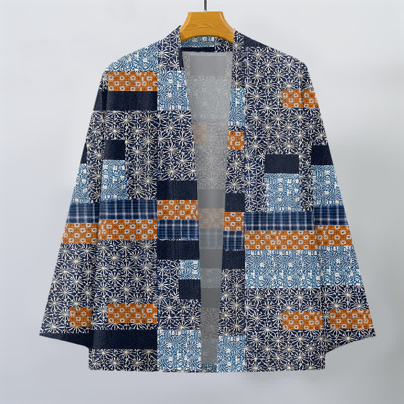 Buddha Stones Kimono pour homme en patchwork de coton à motif géométrique, ouvert sur le devant - image 1