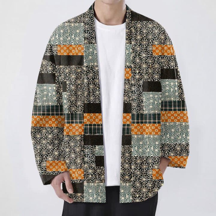 Buddha Stones Kimono pour homme en patchwork de coton à motif géométrique, ouvert sur le devant - Noir - US/UK/AU48，EU58 (4XL) - image 6