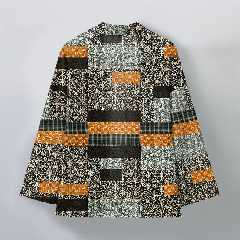 Buddha Stones Kimono pour homme en patchwork de coton à motif géométrique, ouvert sur le devant - image 8