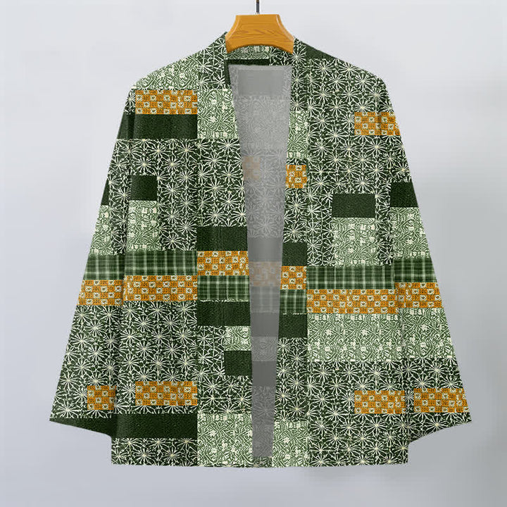 Buddha Stones Kimono pour homme en patchwork de coton à motif géométrique, ouvert sur le devant - image 10