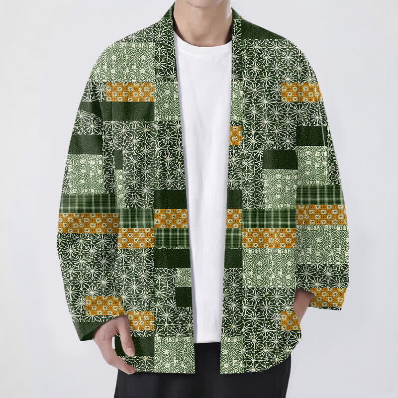 Buddha Stones Kimono pour homme en patchwork de coton à motif géométrique, ouvert sur le devant - Vert forêt - US/UK/AU48，EU58 (4XL) - image 9
