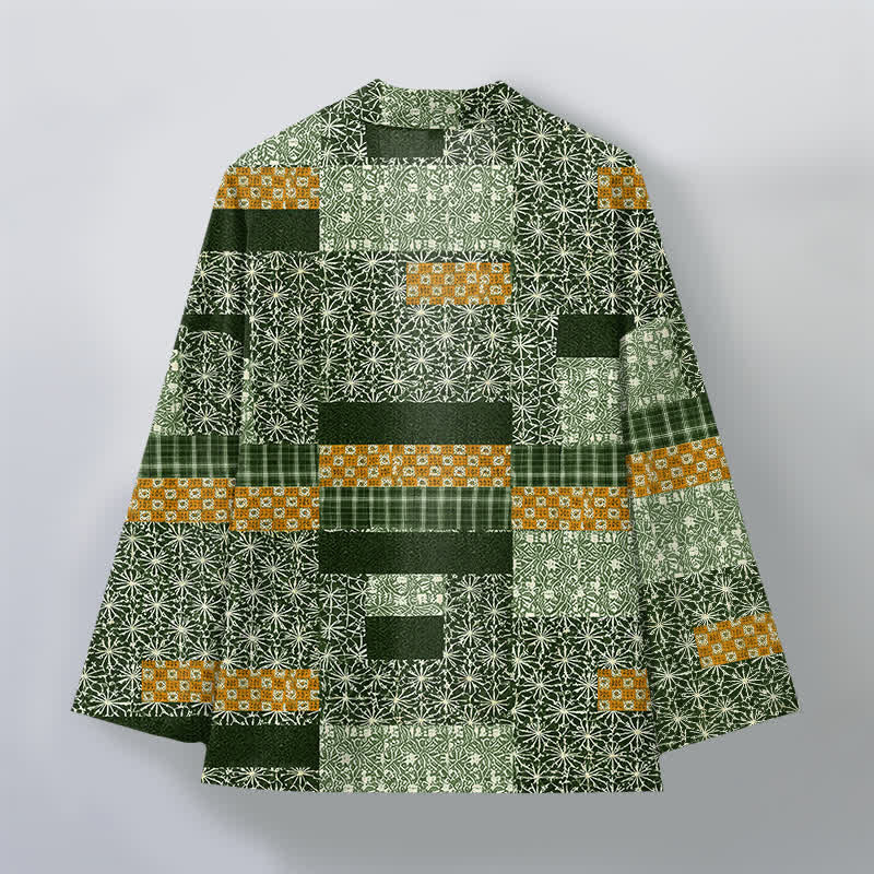 Buddha Stones Kimono pour homme en patchwork de coton à motif géométrique, ouvert sur le devant - image 11