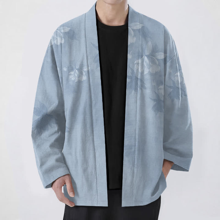 Buddha Stones Kimono pour homme en coton à motif floral discret, ouvert sur le devant - Bleu acier clair - US/UK/AU48，EU58 (4XL) - image 6