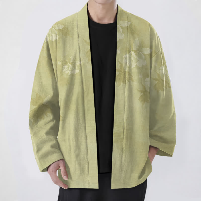 Buddha Stones Kimono pour homme en coton à motif floral discret, ouvert sur le devant - JauneVert - US/UK/AU48，EU58 (4XL) - image 9