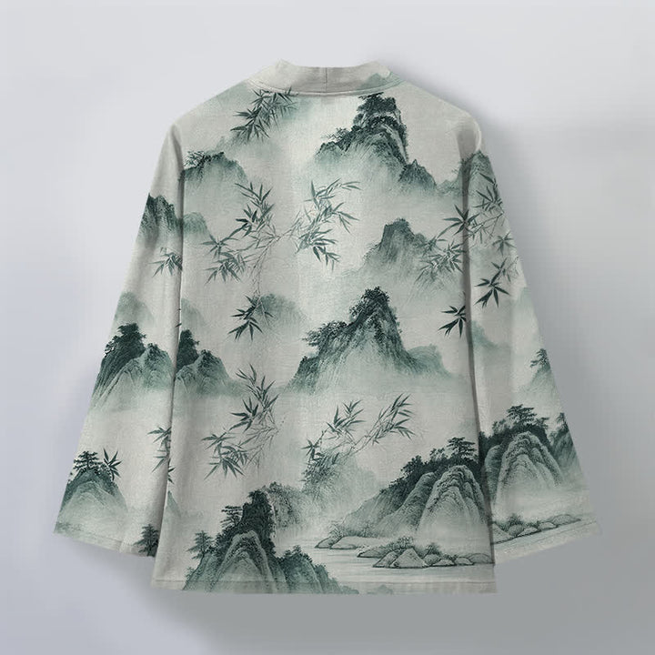 Buddha Stones Kimono pour homme à motif paysage de montagnes de bambous et d'encre de coton, ouvert sur le devant - image 2