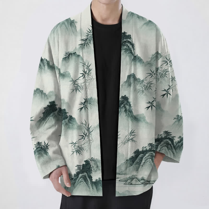 Buddha Stones Kimono pour homme à motif paysage de montagnes de bambous et d'encre de coton, ouvert sur le devant - Vert foncé - US/UK/AU48，EU58 (4XL) - image 0