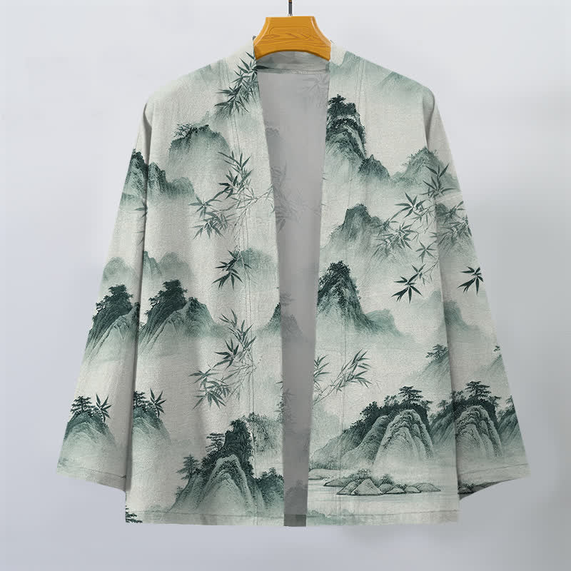 Buddha Stones Kimono pour homme à motif paysage de montagnes de bambous et d'encre de coton, ouvert sur le devant - image 1