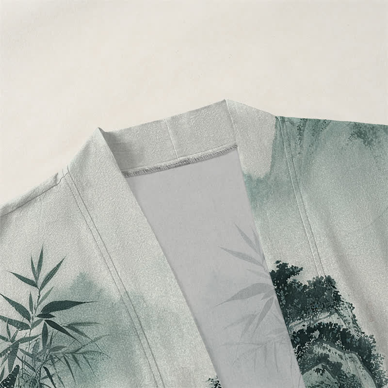 Buddha Stones Kimono pour homme à motif paysage de montagnes de bambous et d'encre de coton, ouvert sur le devant - image 3