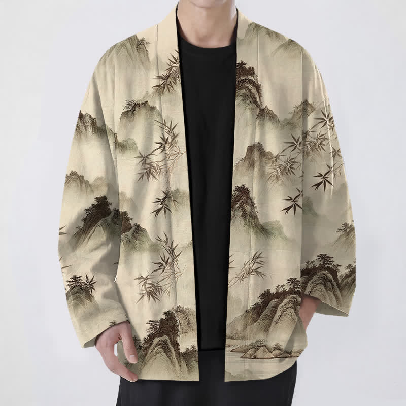 Buddha Stones Kimono pour homme à motif paysage de montagnes de bambous et d'encre de coton, ouvert sur le devant - Tanné - US/UK/AU48，EU58 (4XL) - image 6