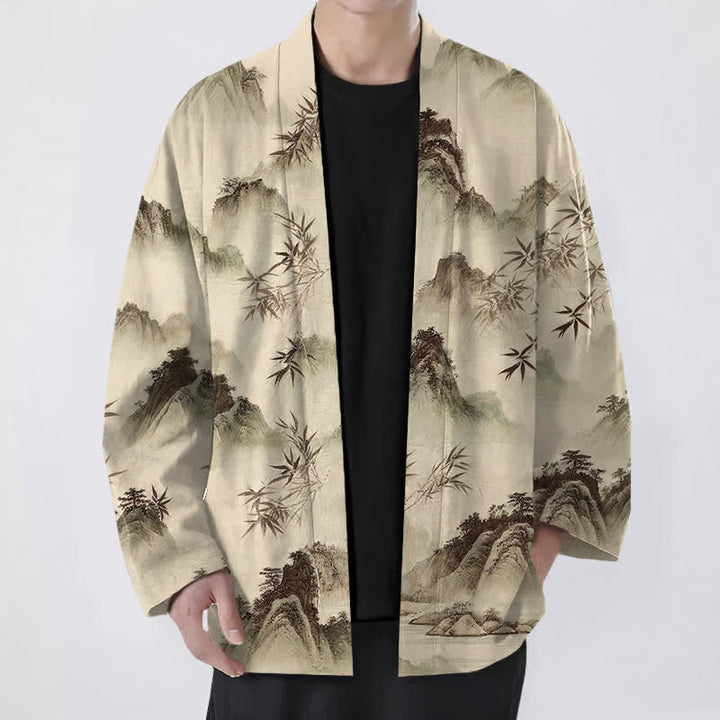 Buddha Stones Kimono pour homme à motif paysage de montagnes de bambous et d'encre de coton, ouvert sur le devant - Tanné - US/UK/AU48，EU58 (4XL) - image 6