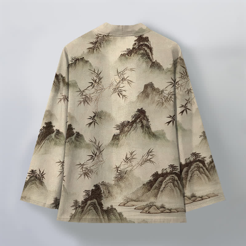 Buddha Stones Kimono pour homme à motif paysage de montagnes de bambous et d'encre de coton, ouvert sur le devant - image 8