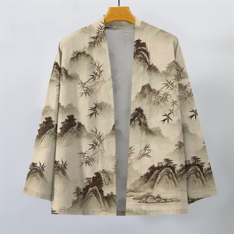 Buddha Stones Kimono pour homme à motif paysage de montagnes de bambous et d'encre de coton, ouvert sur le devant - image 7