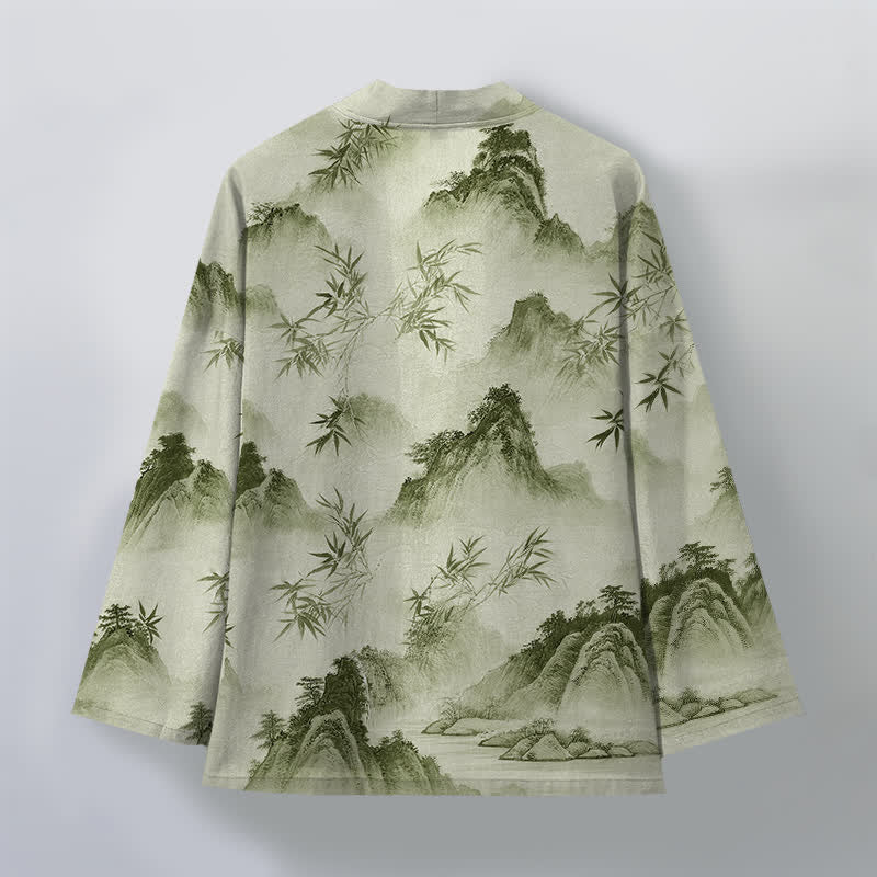 Buddha Stones Kimono pour homme à motif paysage de montagnes de bambous et d'encre de coton, ouvert sur le devant - image 11