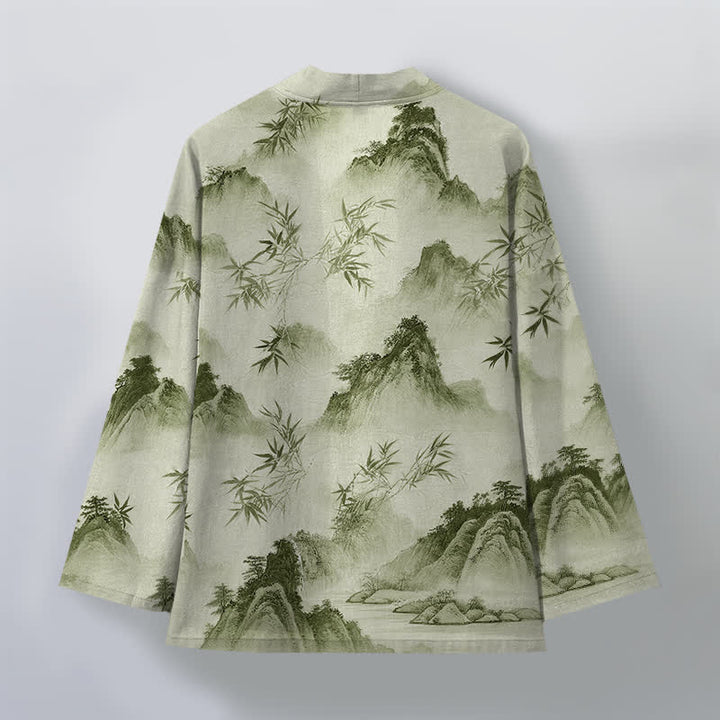 Buddha Stones Kimono pour homme à motif paysage de montagnes de bambous et d'encre de coton, ouvert sur le devant - image 11