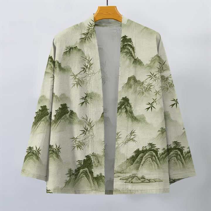 Buddha Stones Kimono pour homme à motif paysage de montagnes de bambous et d'encre de coton, ouvert sur le devant - image 10