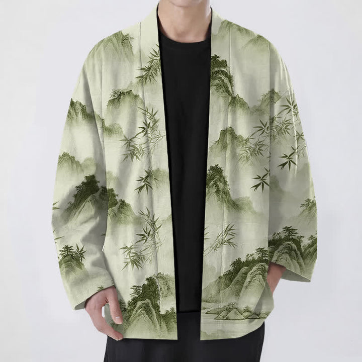 Buddha Stones Kimono pour homme à motif paysage de montagnes de bambous et d'encre de coton, ouvert sur le devant - Melon miellat - US/UK/AU48，EU58 (4XL) - image 9