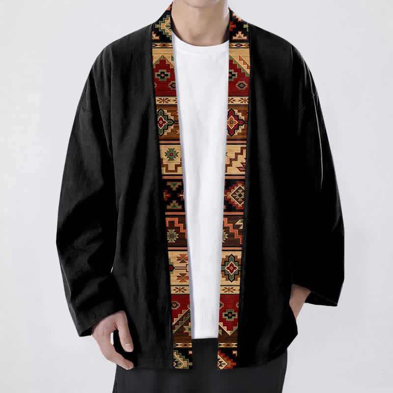 Buddha Stones Kimono pour homme en coton à motif géométrique tribal et à devant ouvert - Noir - US/UK/AU48，EU58 (4XL) - image 0