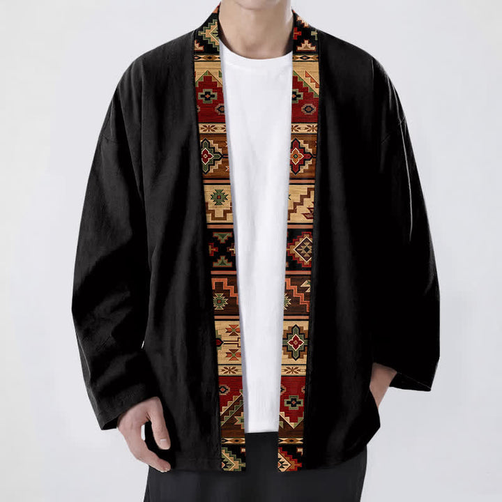 Buddha Stones Kimono pour homme en coton à motif géométrique tribal et à devant ouvert - Noir - US/UK/AU48，EU58 (4XL) - image 0