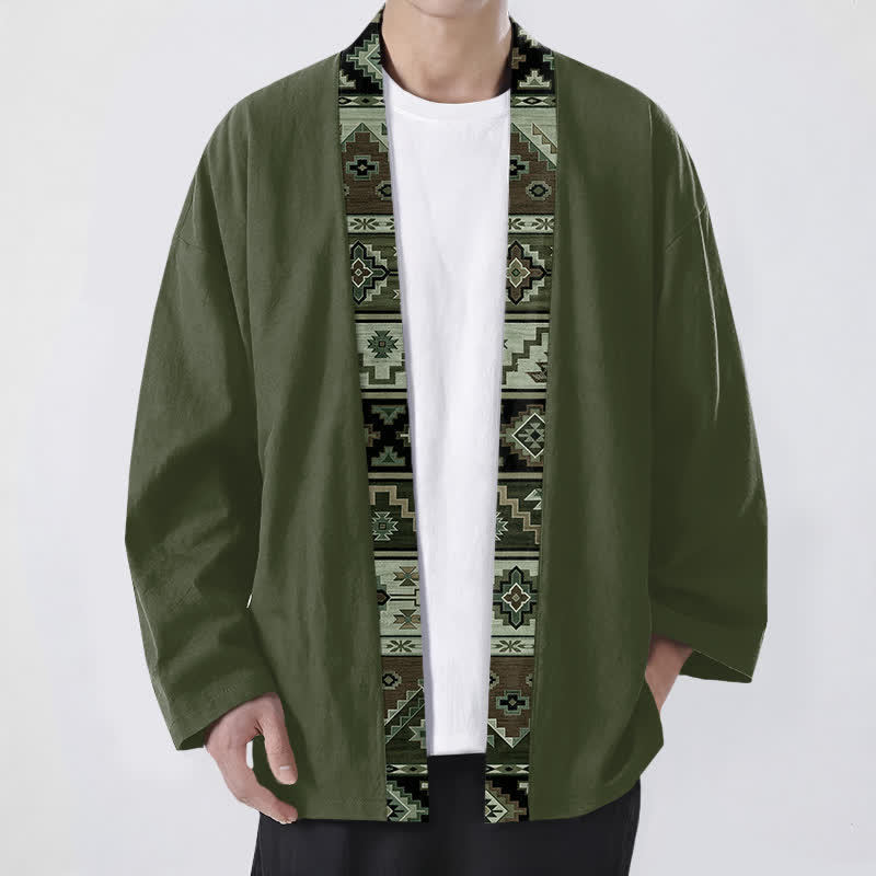 Buddha Stones Kimono pour homme en coton à motif géométrique tribal et à devant ouvert - Vert olive foncé - US/UK/AU48，EU58 (4XL) - image 6