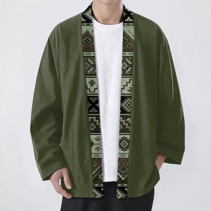 Buddha Stones Kimono pour homme en coton à motif géométrique tribal et à devant ouvert - Vert olive foncé - US/UK/AU48，EU58 (4XL) - image 6