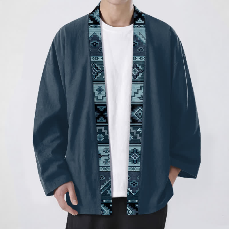 Buddha Stones Kimono pour homme en coton à motif géométrique tribal et à devant ouvert - SteelBlue - US/UK/AU48，EU58 (4XL) - image 9