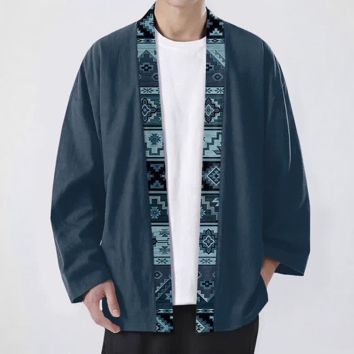 Buddha Stones Kimono pour homme en coton à motif géométrique tribal et à devant ouvert - SteelBlue - US/UK/AU48，EU58 (4XL) - image 9