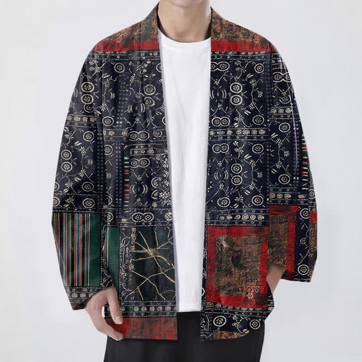 Buddha Stones Kimono pour homme en coton à motif patchwork géométrique tribal ouvert sur le devant - Marine - US/UK/AU48，EU58 (4XL) - image 0