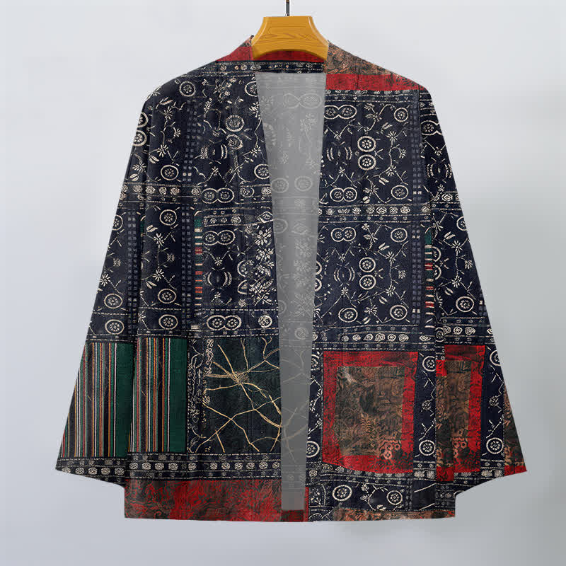 Buddha Stones Kimono pour homme en coton à motif patchwork géométrique tribal ouvert sur le devant - image 1