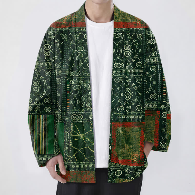 Buddha Stones Kimono pour homme en coton à motif patchwork géométrique tribal ouvert sur le devant - Vert forêt - US/UK/AU48，EU58 (4XL) - image 6