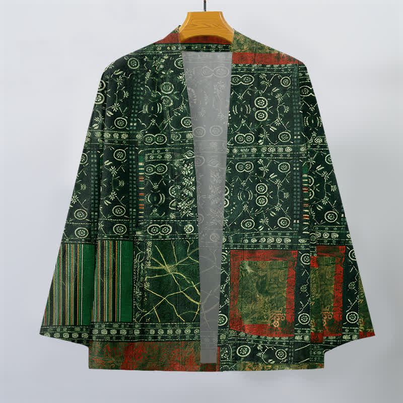 Buddha Stones Kimono pour homme en coton à motif patchwork géométrique tribal ouvert sur le devant - image 7