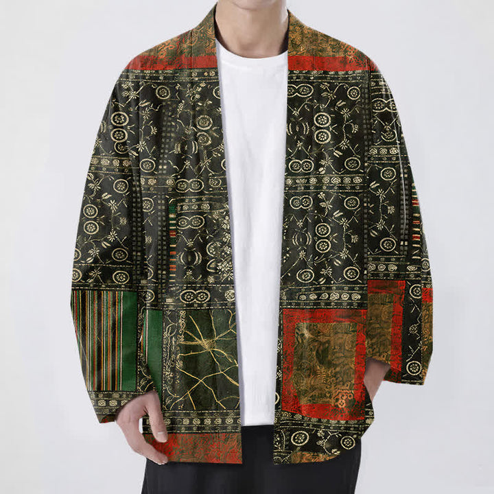Buddha Stones Kimono pour homme en coton à motif patchwork géométrique tribal ouvert sur le devant - Vert olive foncé - US/UK/AU48，EU58 (4XL) - image 9