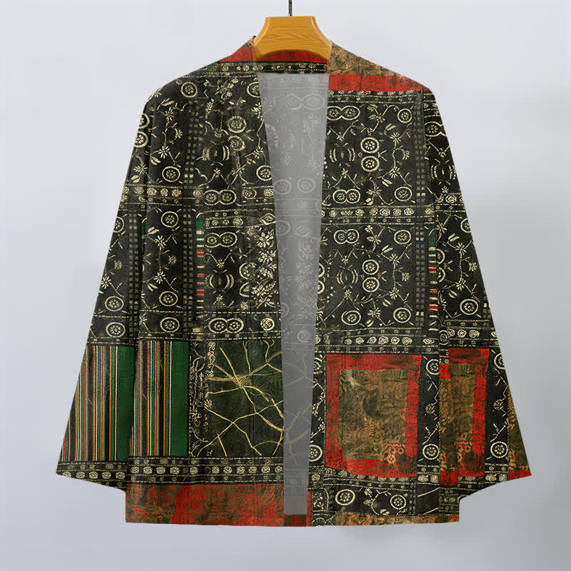 Buddha Stones Kimono pour homme en coton à motif patchwork géométrique tribal ouvert sur le devant - image 10