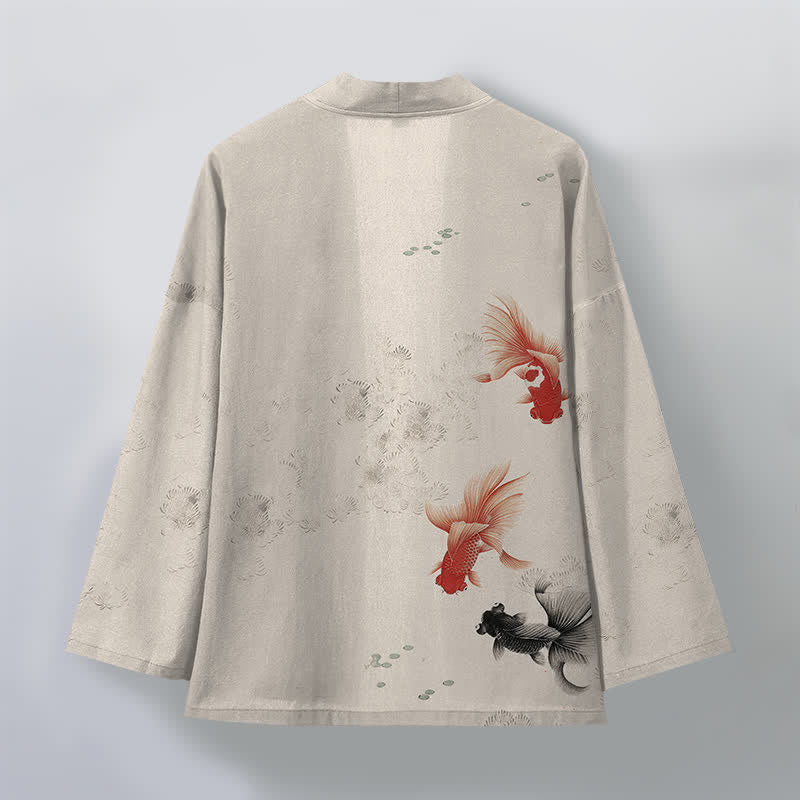 Buddha Stones Kimono pour homme en coton à motif de carpes koï et de vagues, ouvert sur le devant - image 2