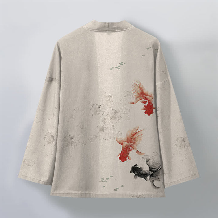 Buddha Stones Kimono pour homme en coton à motif de carpes koï et de vagues, ouvert sur le devant - image 2