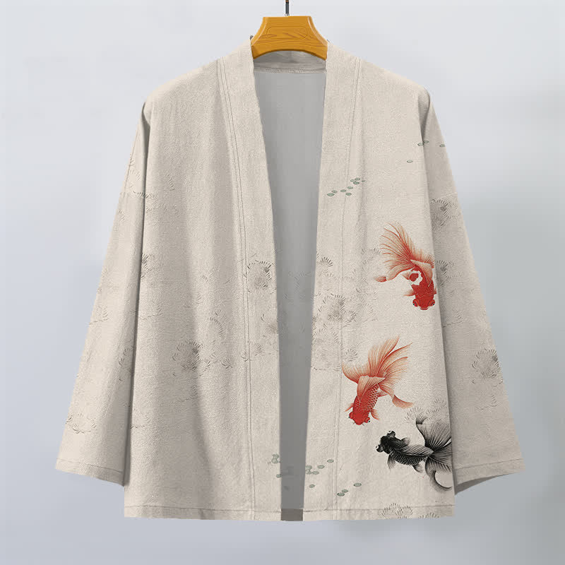 Buddha Stones Kimono pour homme en coton à motif de carpes koï et de vagues, ouvert sur le devant - image 1