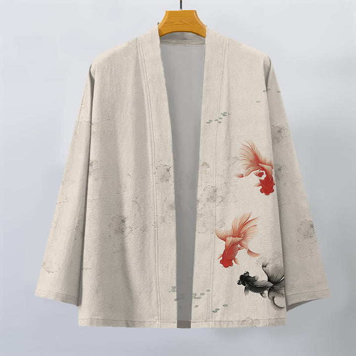 Buddha Stones Kimono pour homme en coton à motif de carpes koï et de vagues, ouvert sur le devant - image 1