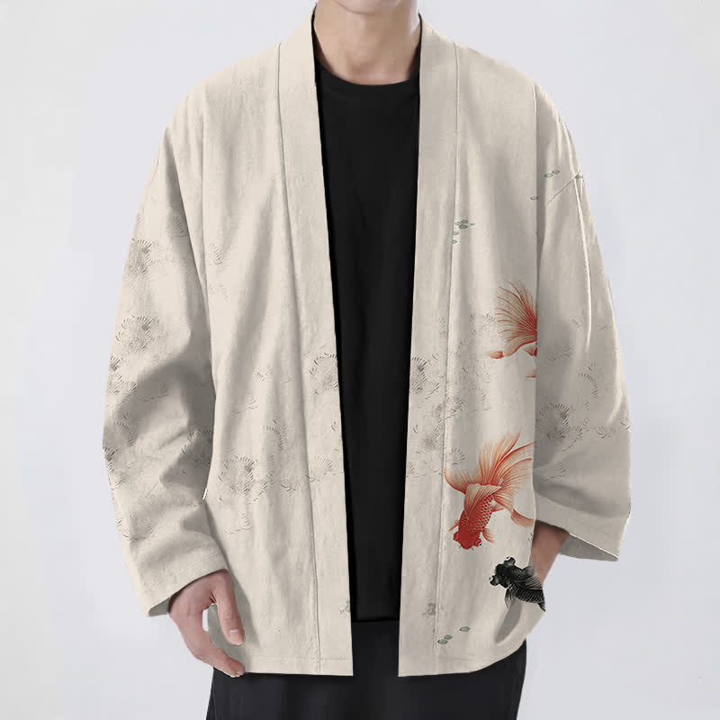 Buddha Stones Kimono pour homme en coton à motif de carpes koï et de vagues, ouvert sur le devant - Lin - US/UK/AU48，EU58 (4XL) - image 0