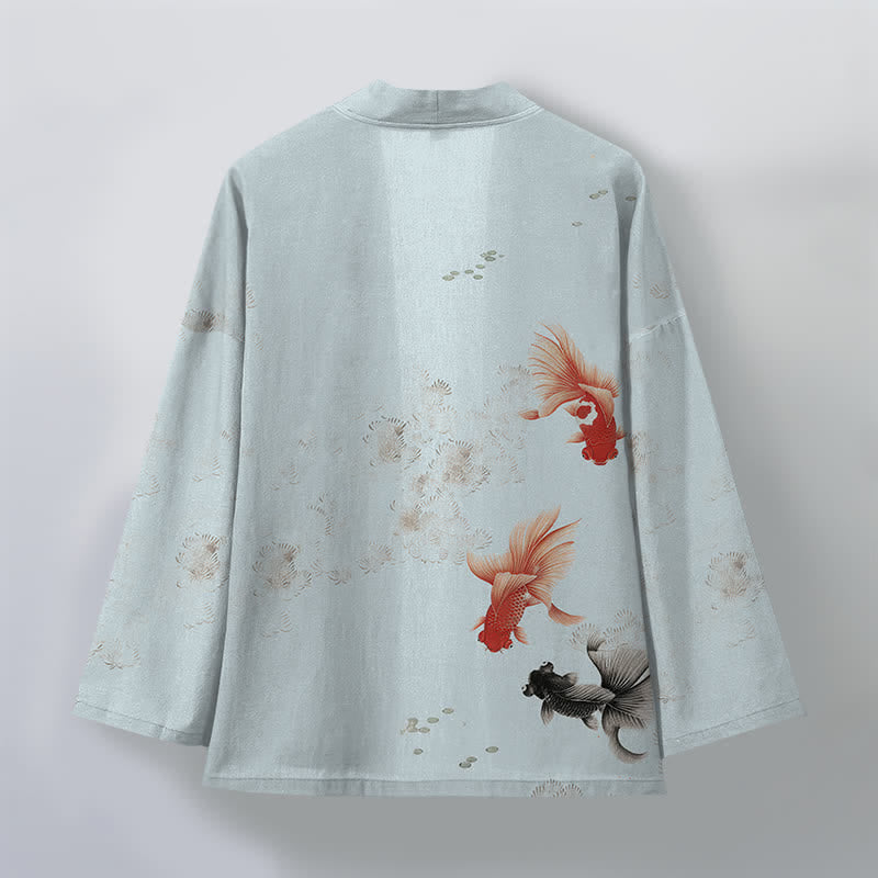 Buddha Stones Kimono pour homme en coton à motif de carpes koï et de vagues, ouvert sur le devant - image 8