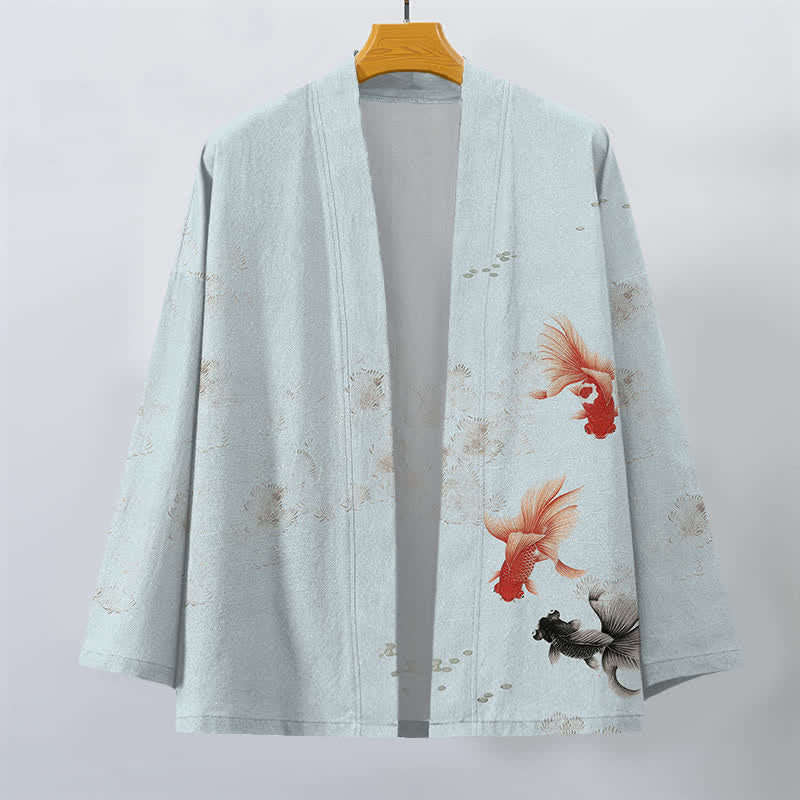 Buddha Stones Kimono pour homme en coton à motif de carpes koï et de vagues, ouvert sur le devant - image 7