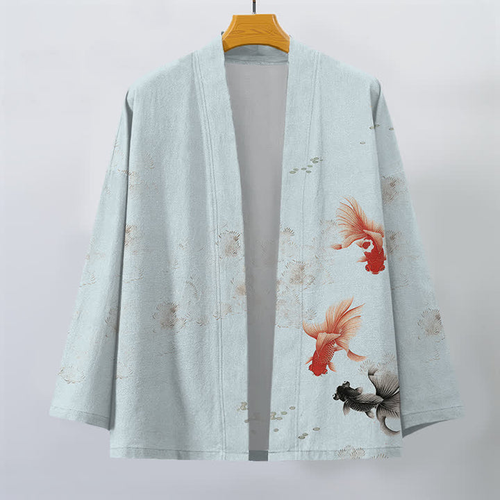 Buddha Stones Kimono pour homme en coton à motif de carpes koï et de vagues, ouvert sur le devant - image 7