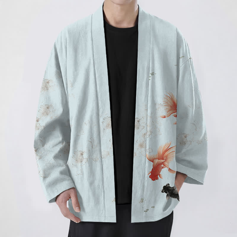 Buddha Stones Kimono pour homme en coton à motif de carpes koï et de vagues, ouvert sur le devant - Bleu poudré - US/UK/AU48，EU58 (4XL) - image 6