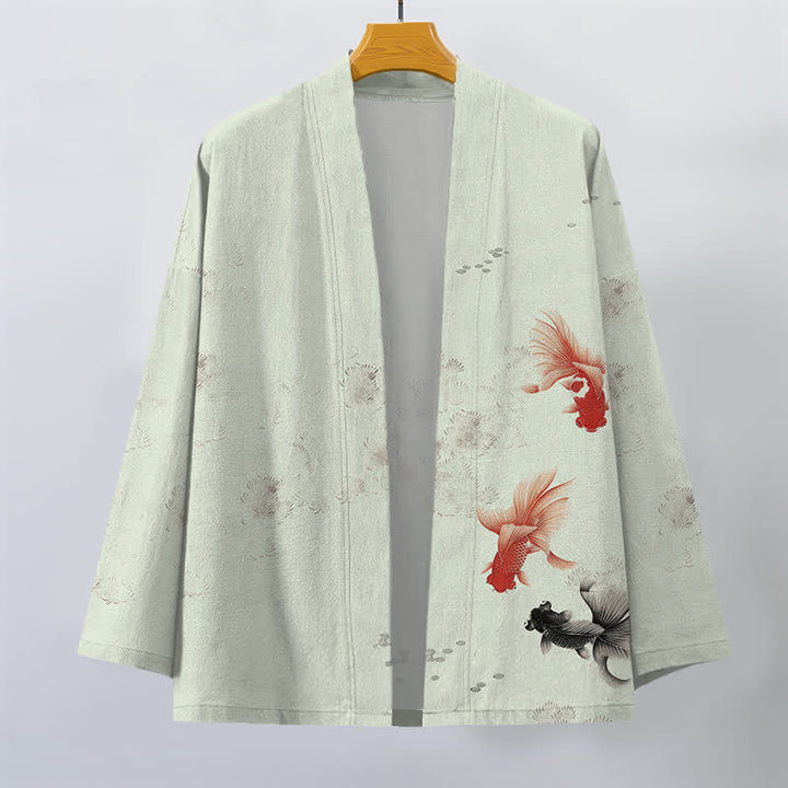 Buddha Stones Kimono pour homme en coton à motif de carpes koï et de vagues, ouvert sur le devant - image 10